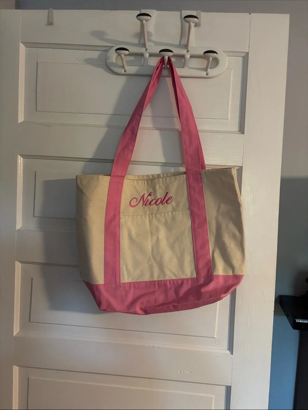 Personalized ‘Nicole’ Canvas Tote Bag - Pink and Cream
